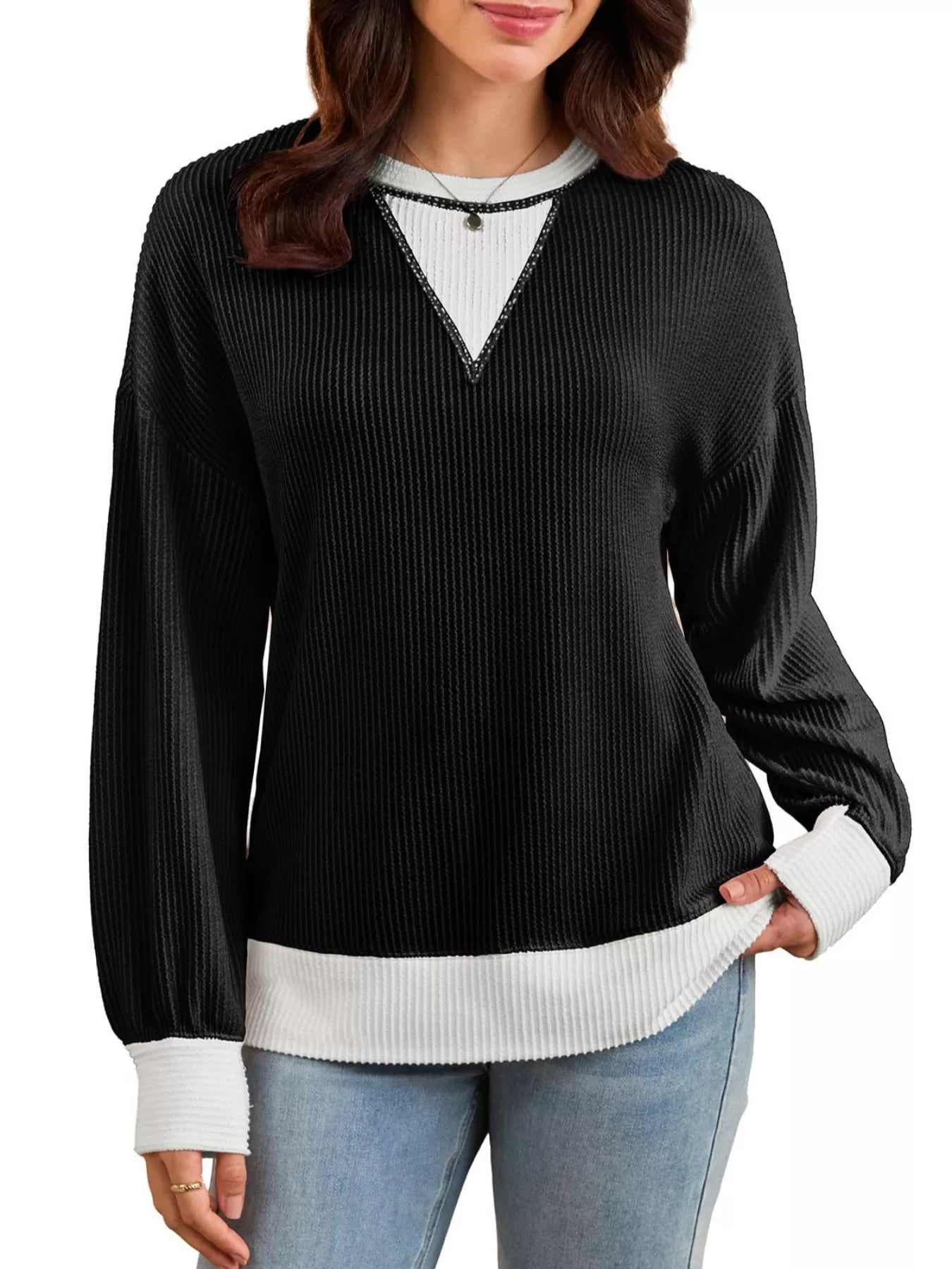 Two-Tone Ribbed Knit Sweatshirt