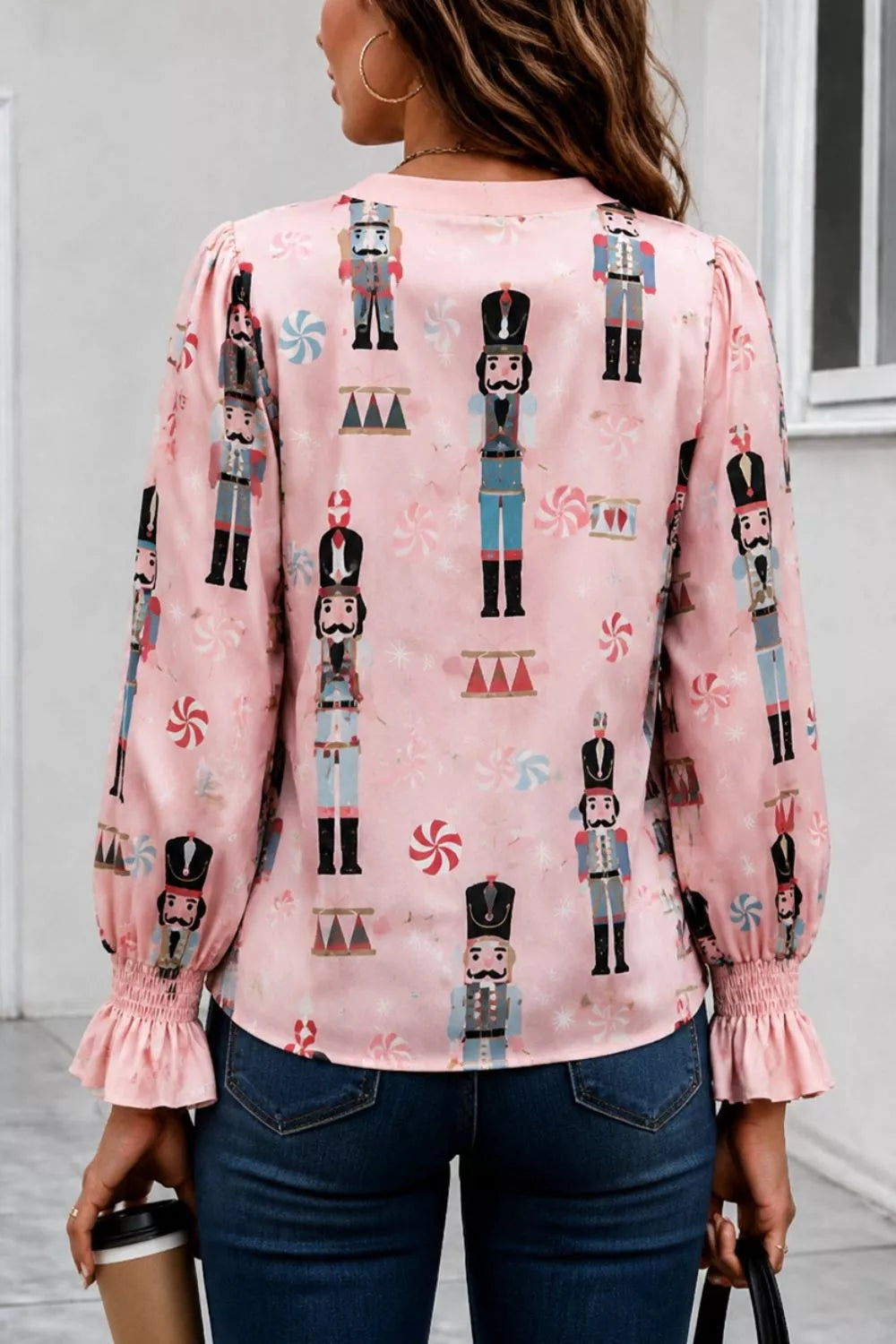 Nutcracker Print Notched Flounce Sleeve Blouse
