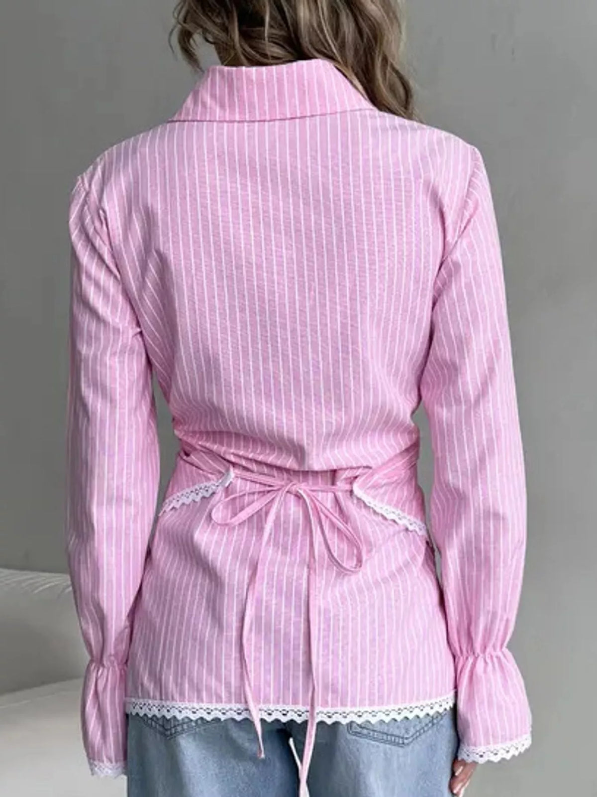 Lace Trim Long Sleeves Striped Shirt