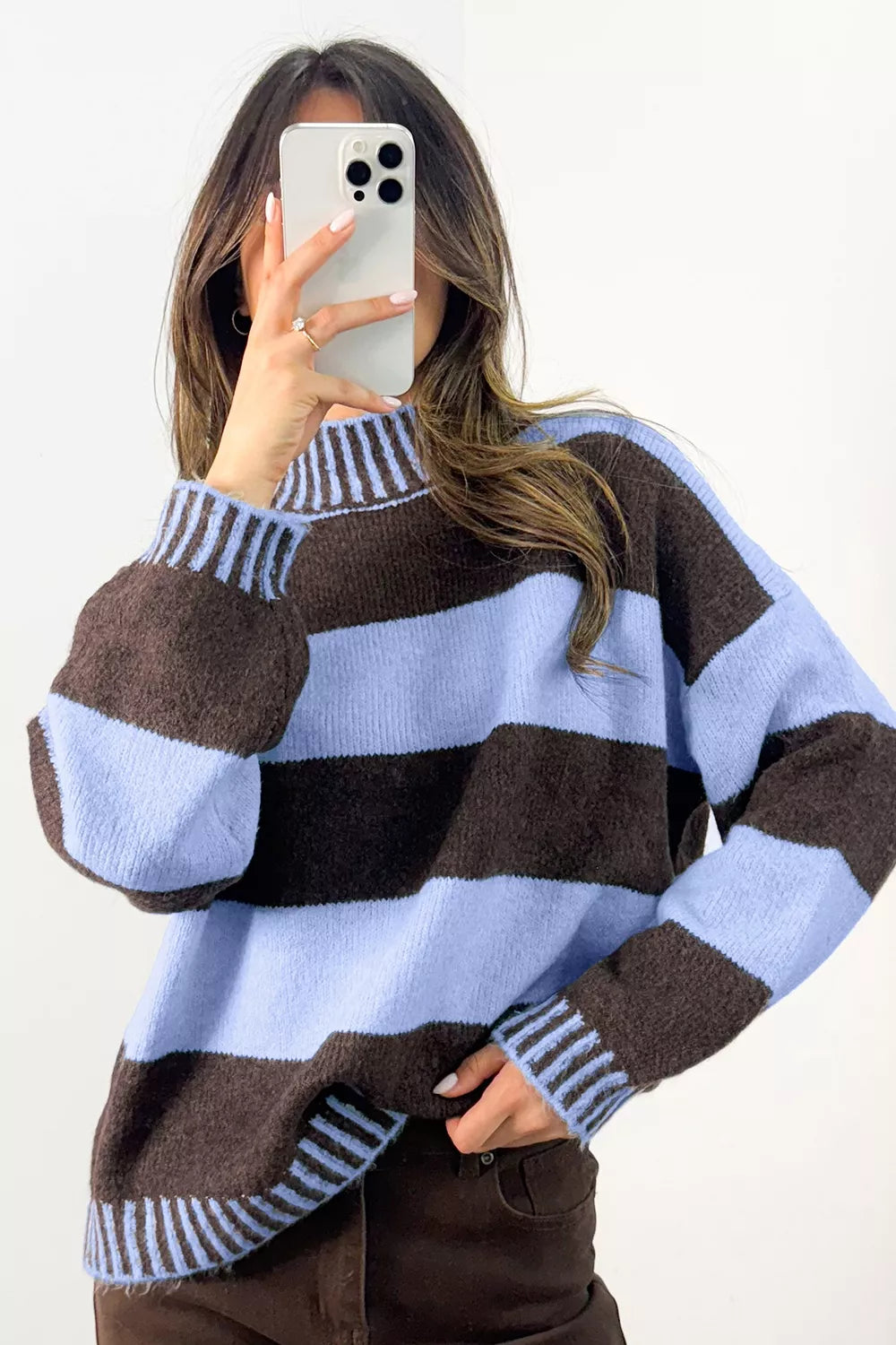 Striped Mock Neck Dropped Shoulder Sweater
