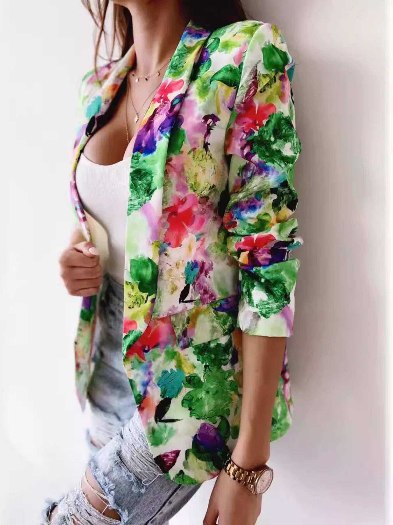 Vibrant Floral Print Open Front Blazer