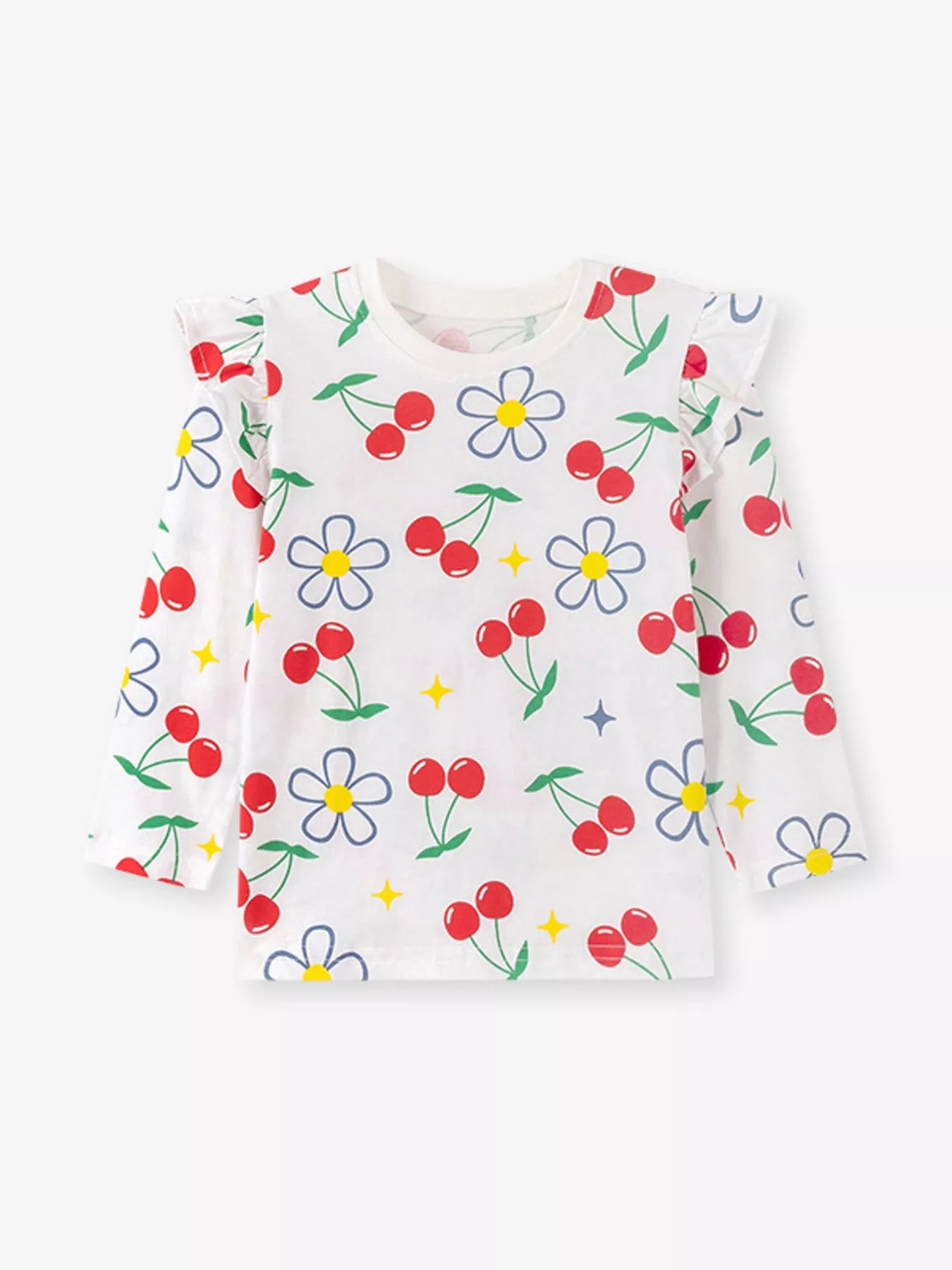 Children's Cherry & Flower Print Ruffled Long Sleeve T-Shirt