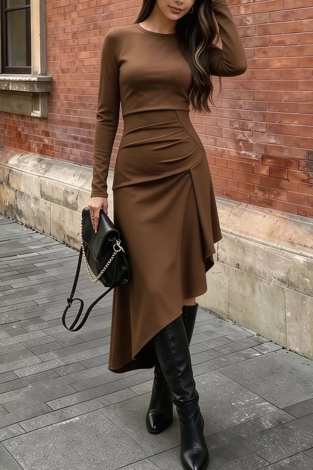 Ruched Asymmetrical Hem Long Sleeve Dress