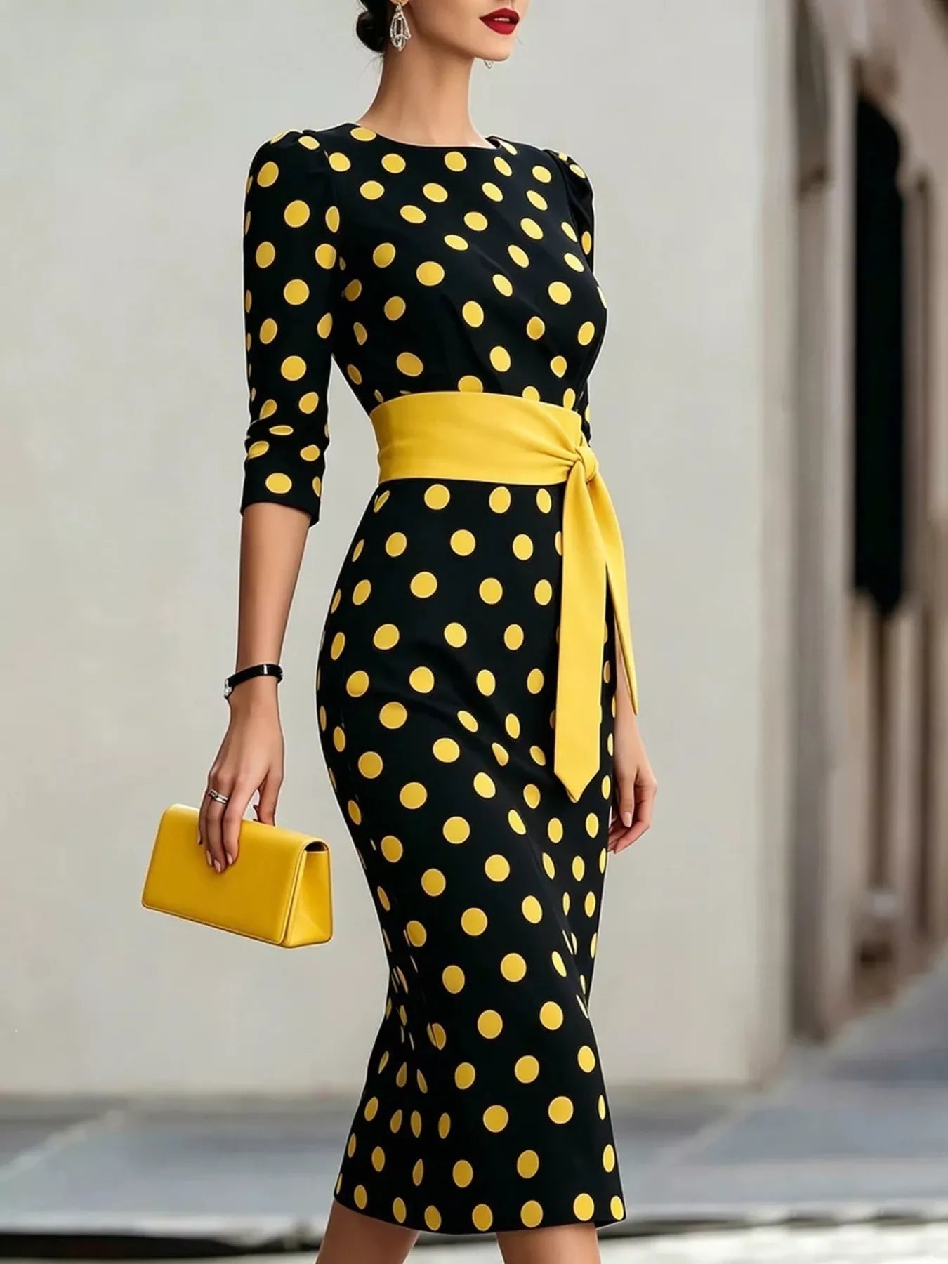 Full Size Polka Dot 3/4 Sleeve Dress Plus Size