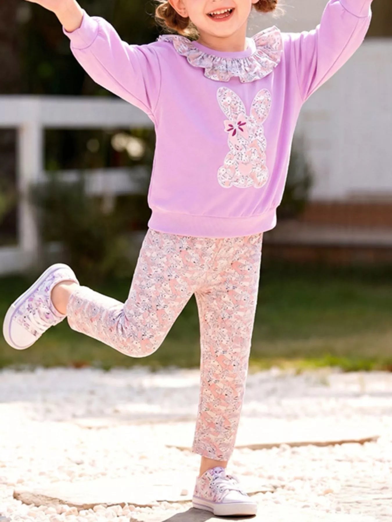 Children's Floral Print Bunny Sweatshirt and Pants Set
