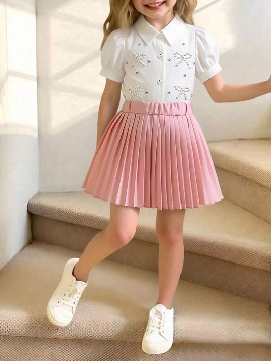 Children's Bow-Embellished Top & Pleated Skirt Set