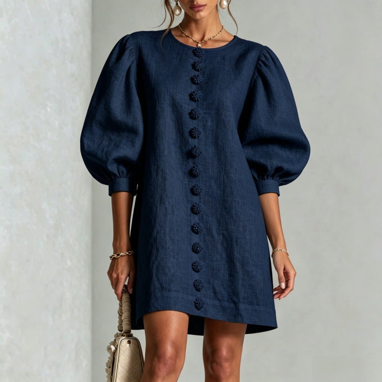 Puff Sleeve Mini Dress | Button-Front A-Line | Lantern Sleeve Resort Dress