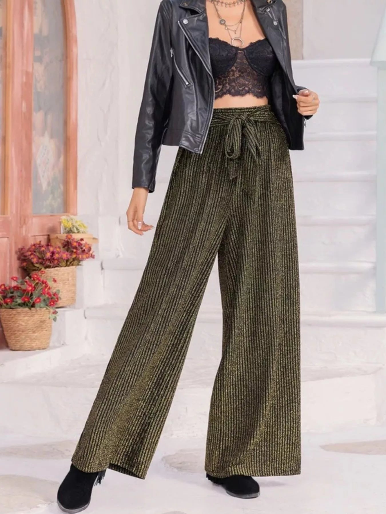 Striped High Waist Tie Wide Leg Pants