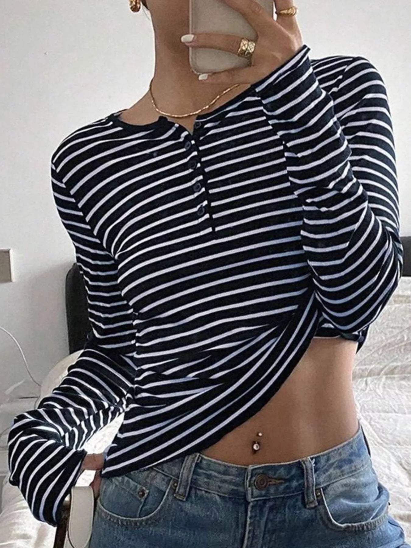Long Sleeve Striped Henley T-Shirt