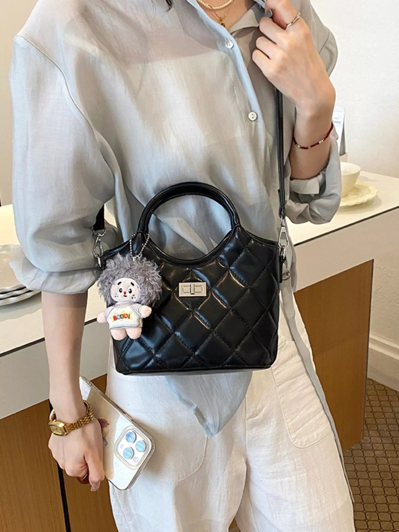 Quilted Crossbody Bag with Plush Charm