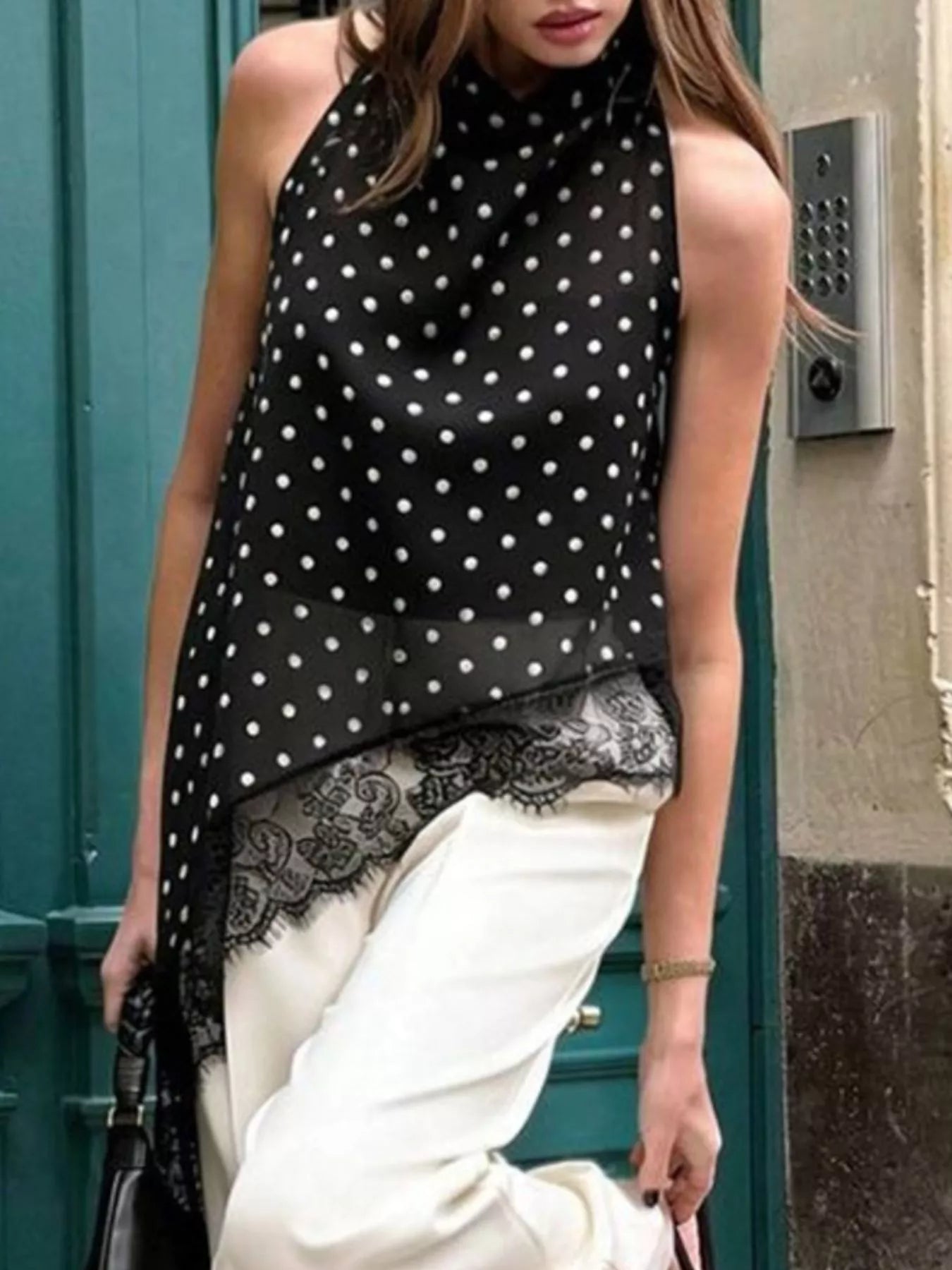 Polka Dot Lace Trim Asymmetrical Hem Sleeveless Blouse