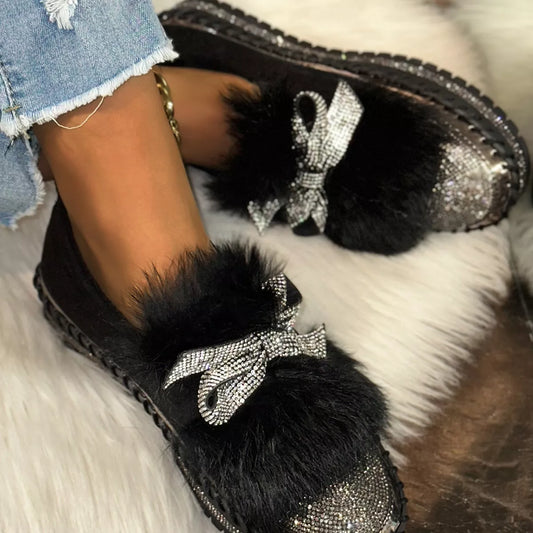 Fuzzy Bowknot Rhinestone Platform Loafers