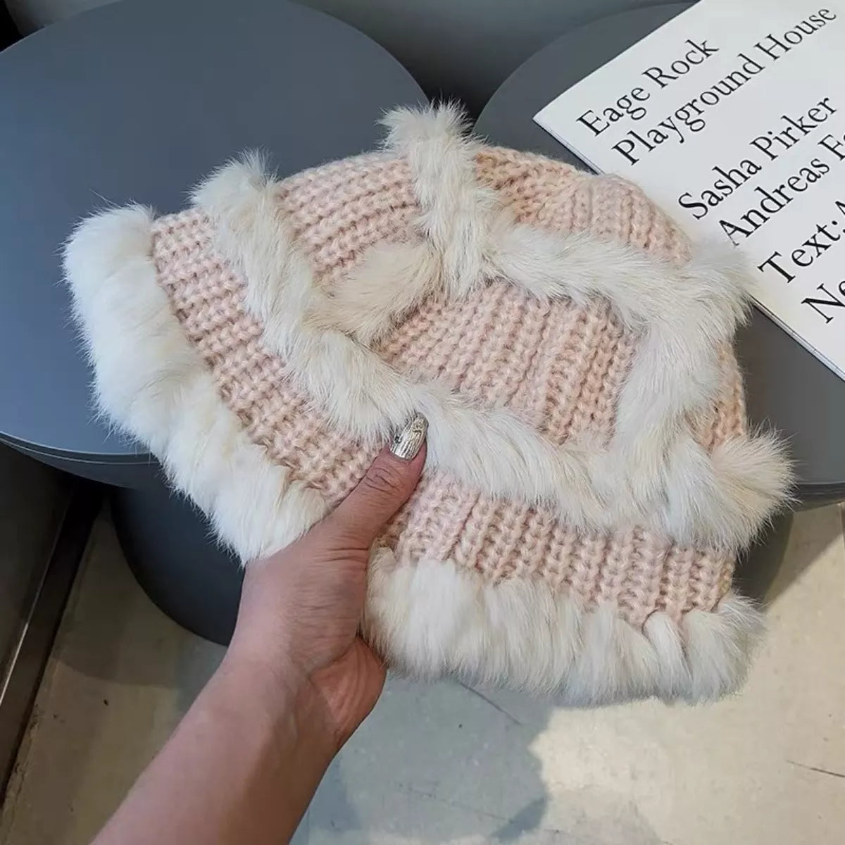 Fluffy Faux Fur Trim Knit Bucket Hat