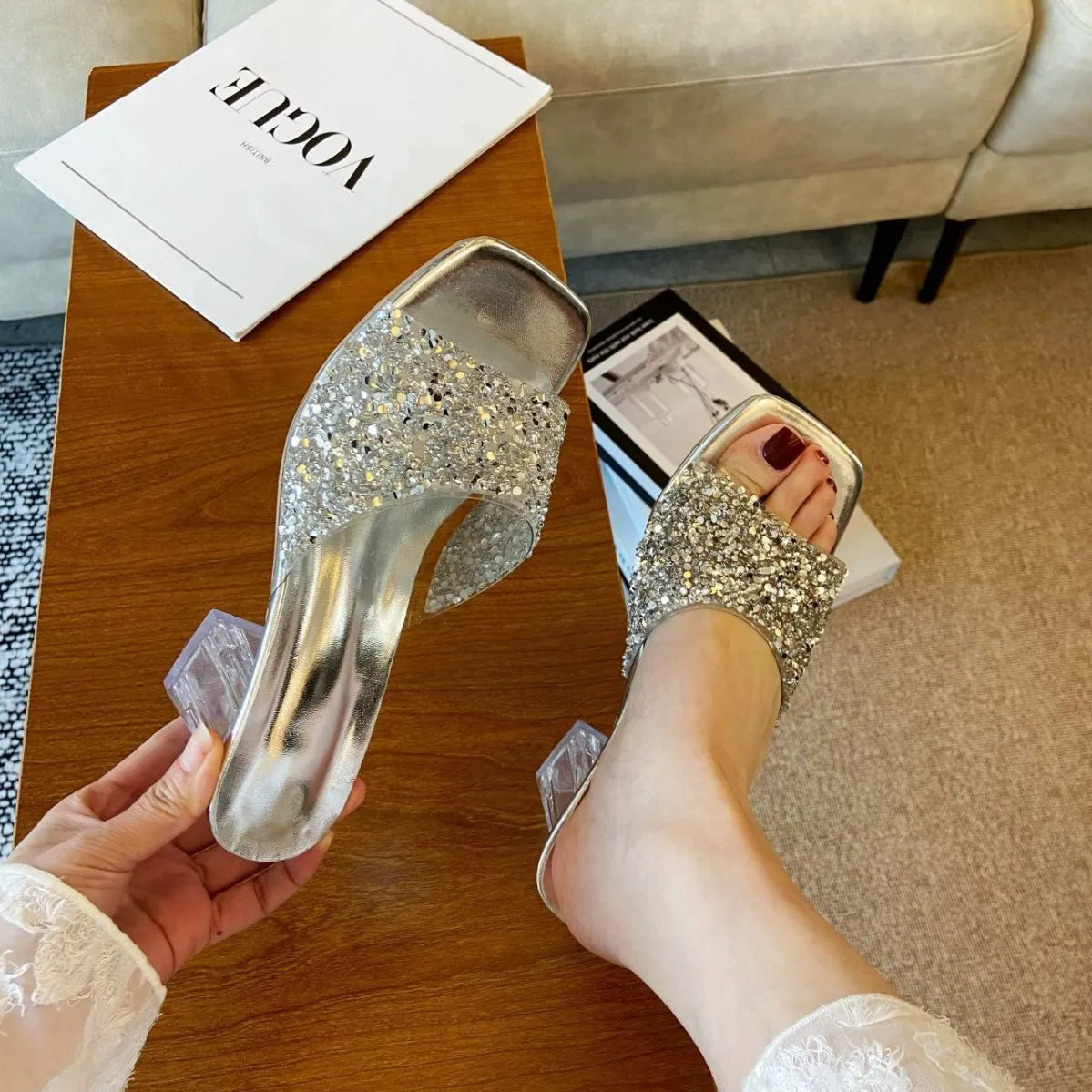 Rhinestone Open Toe Block Heel Sandals