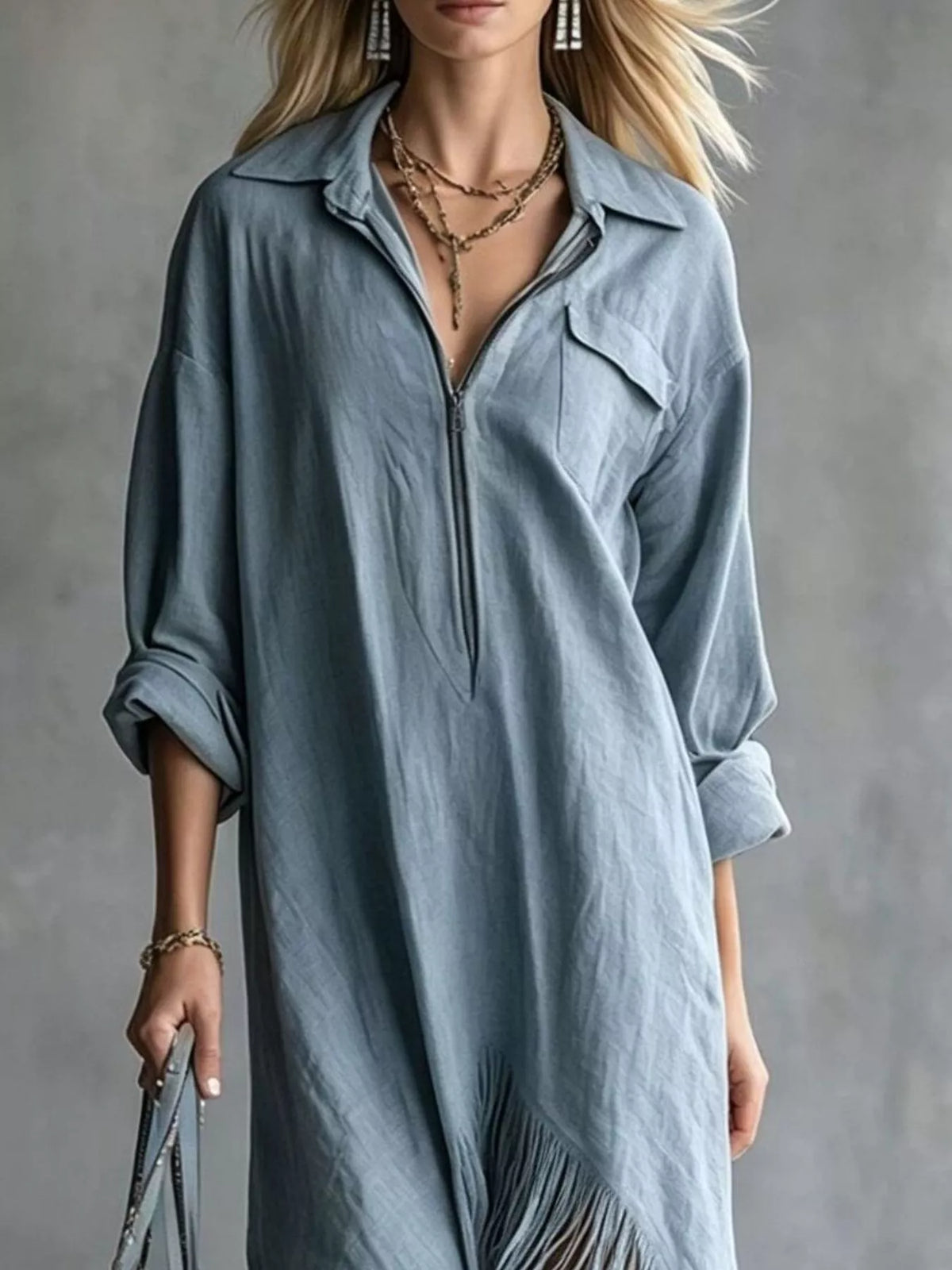 Zipper-Front Fringe Hem Midi Dress