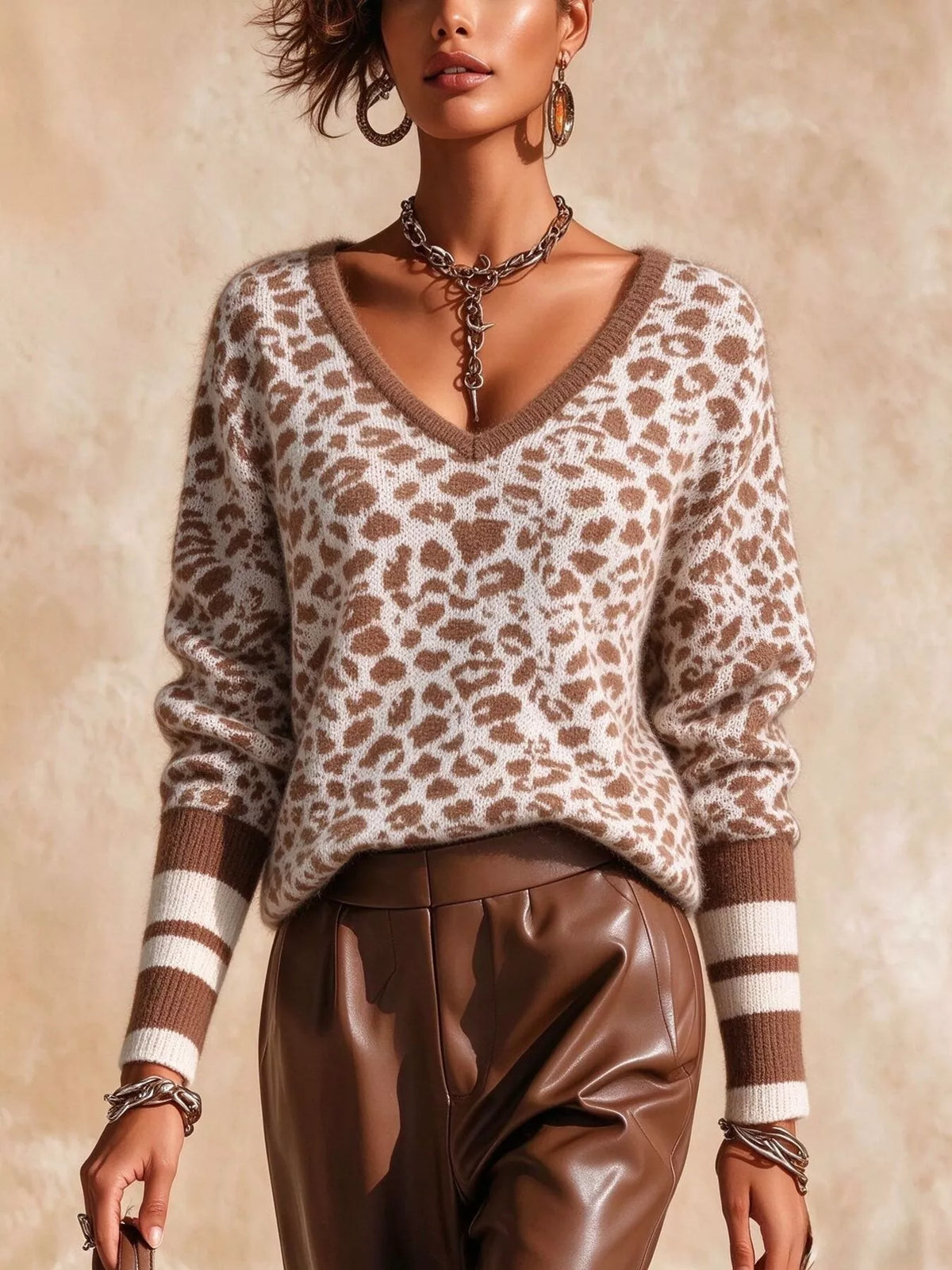 Full Size Leopard V-Neck Sweater with Striped Cuffs Plus Size