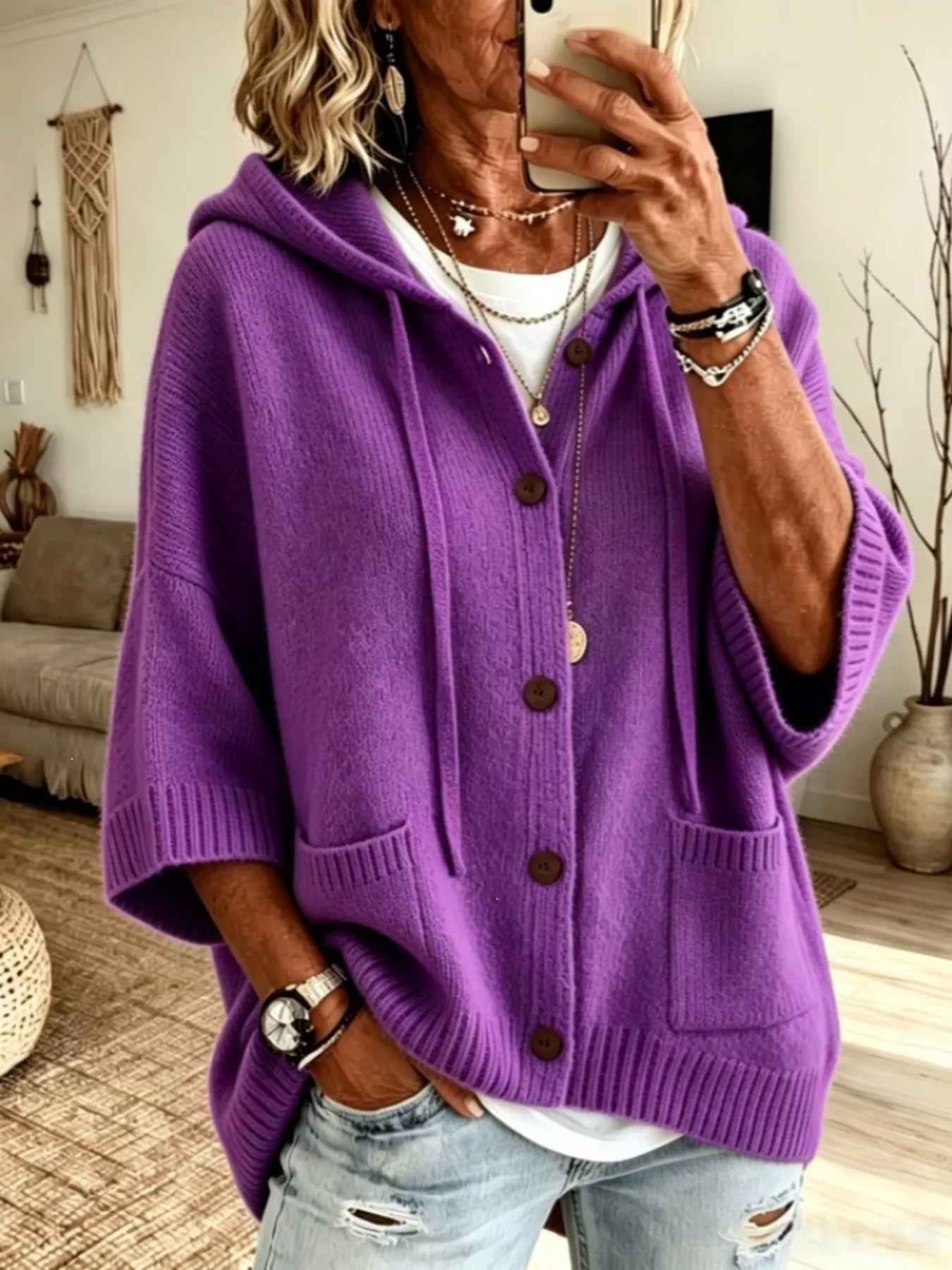 Hooded Button-Down Knit Cardigan