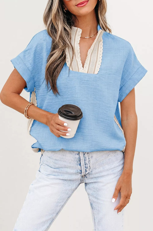 Crochet Lace Accent Pullover Rolled Short Sleeve Blouse