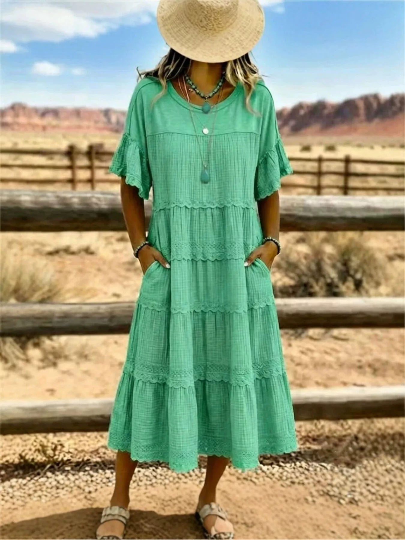 Full Size Tiered Ruffle Sleeve Midi Dress with Pockets Plus Size