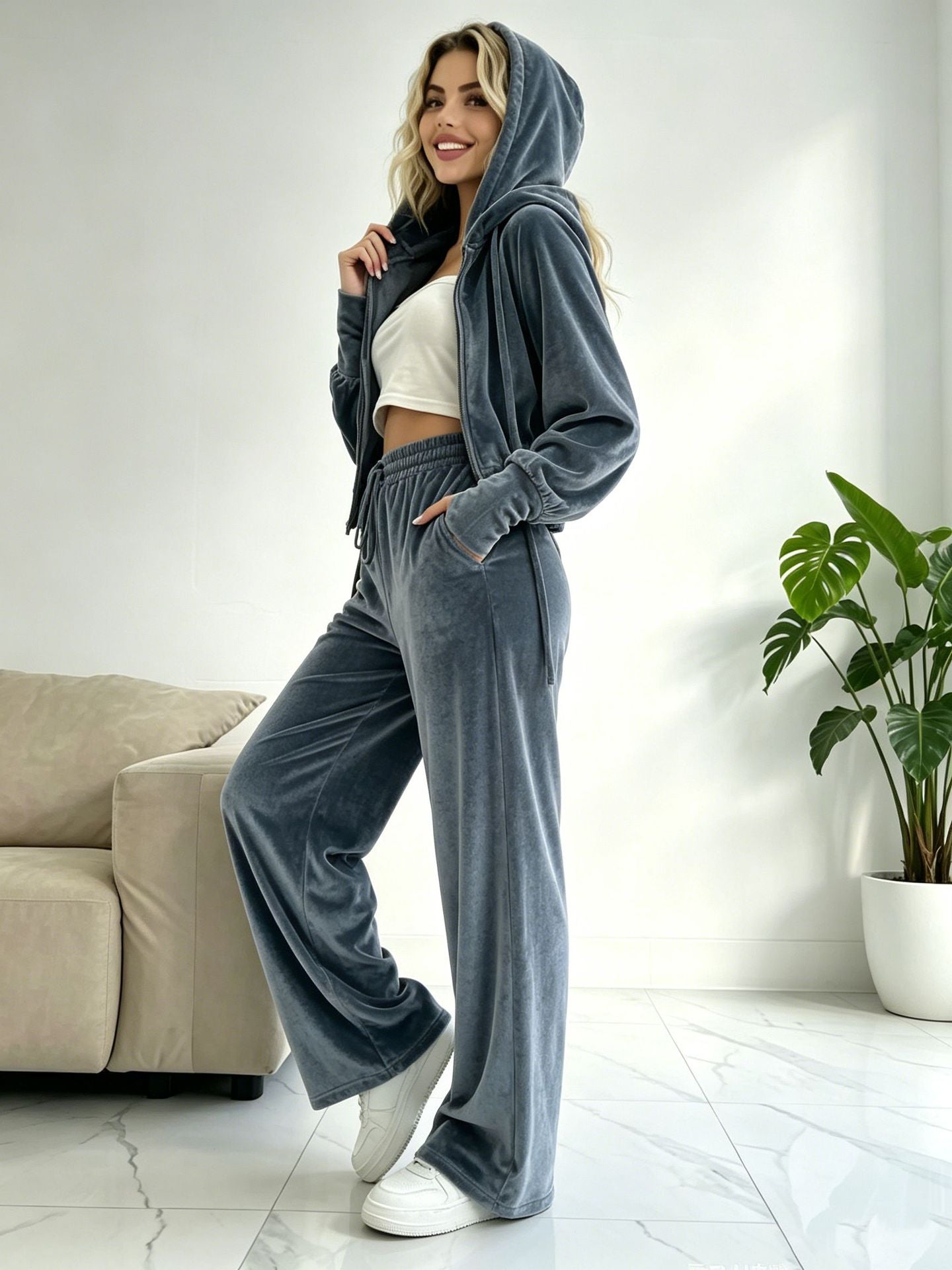 Velour Zip-Up Hoodie & Wide-Leg Trouser Set