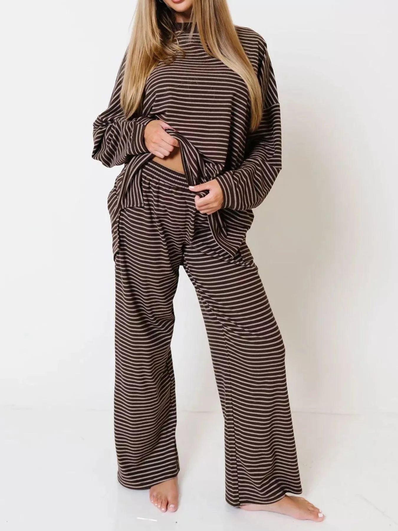 Striped Long Sleeve Top and Wide Leg Pants Set