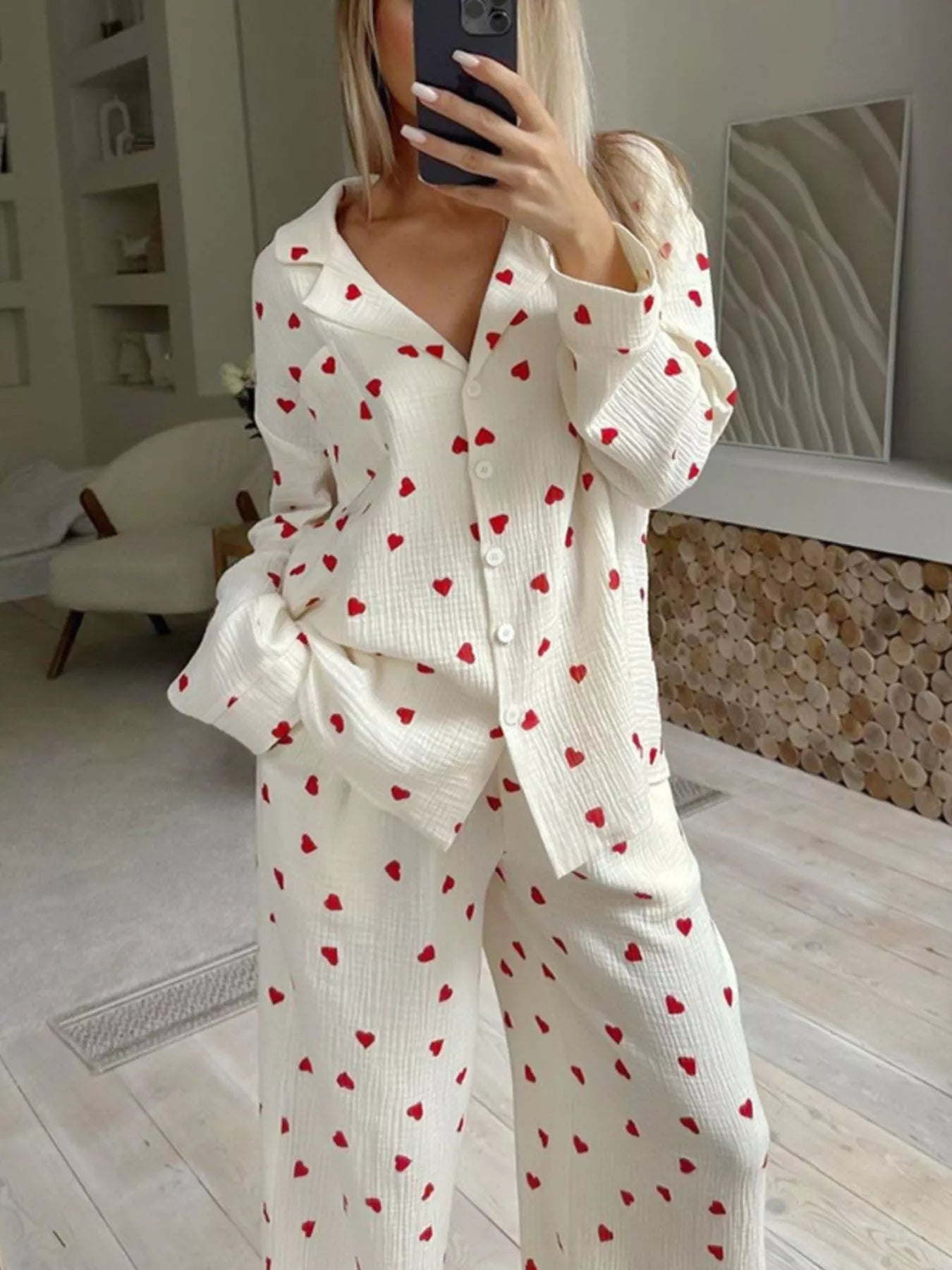 Heart Print Long Sleeve Top and Pants Lounge Set