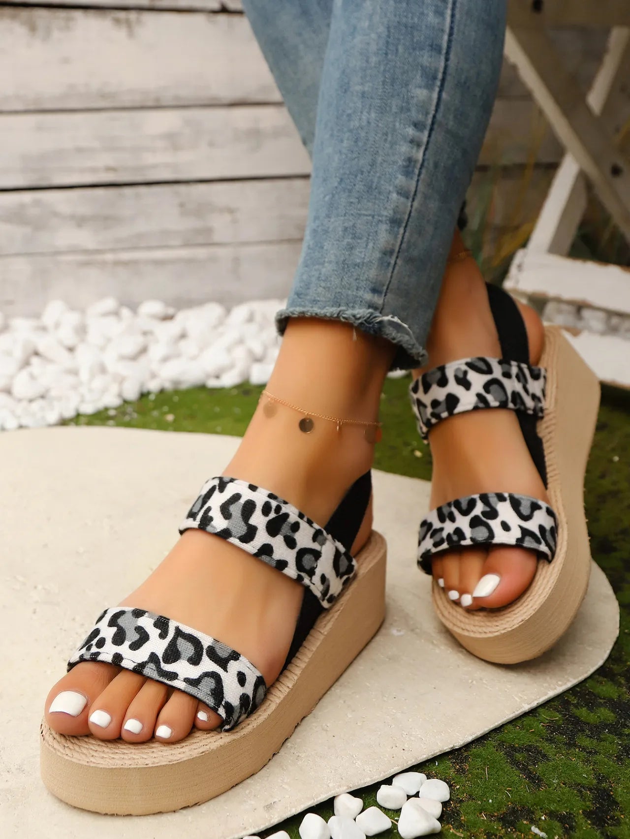 Leopard Open Toe Wedge Sandals
