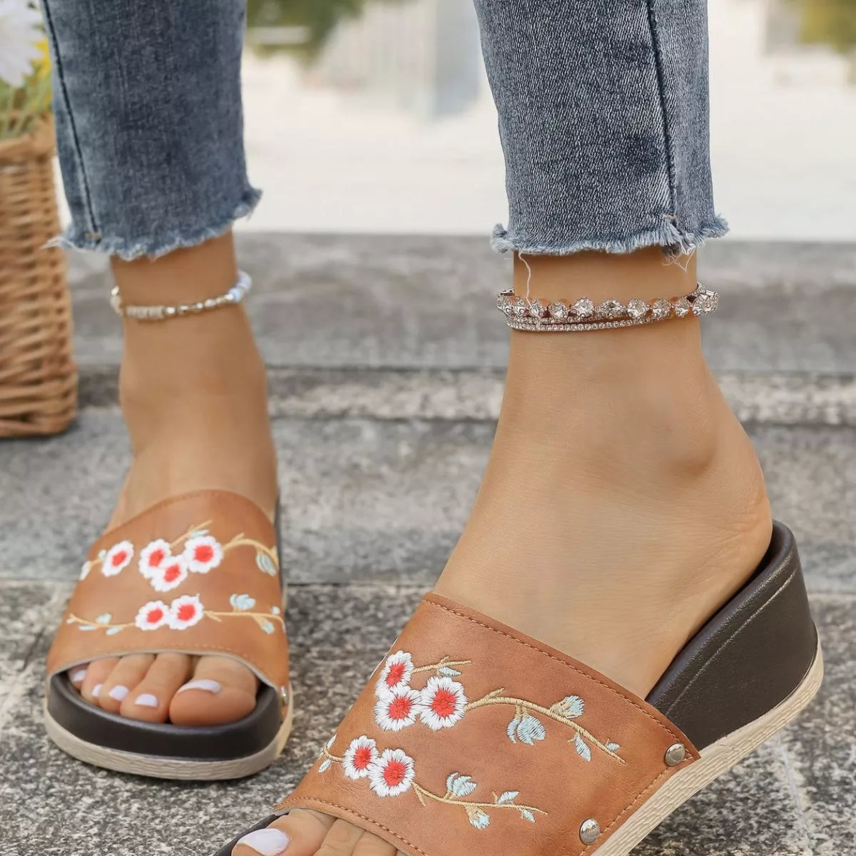 Floral Embroidered Wedge Sandals