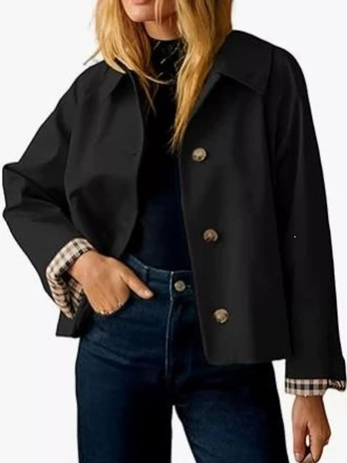 Plaid Cuffs Cropped Trench Outerwear