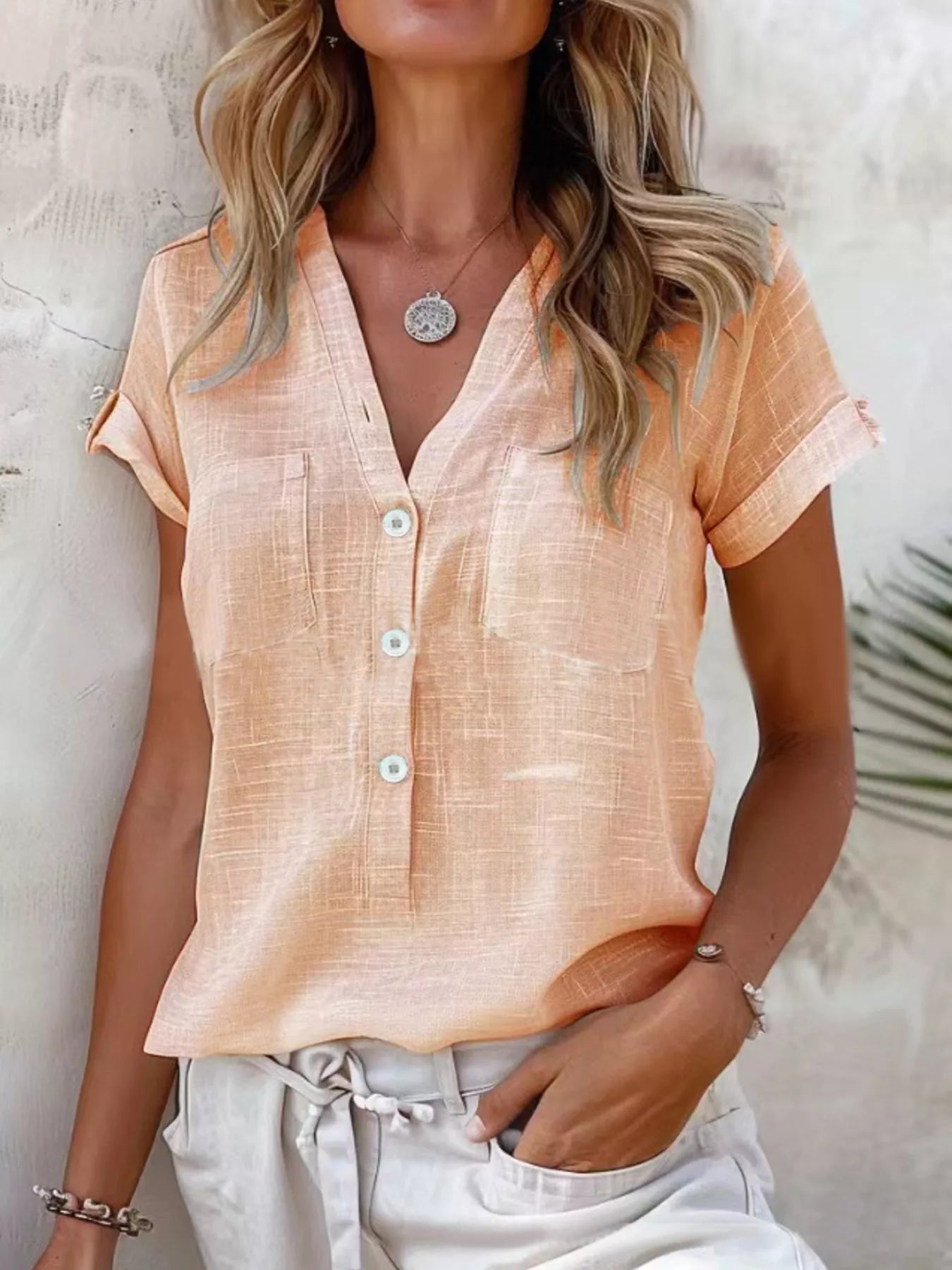 Full Size Casual V-Neck Button-Up Top Plus Size