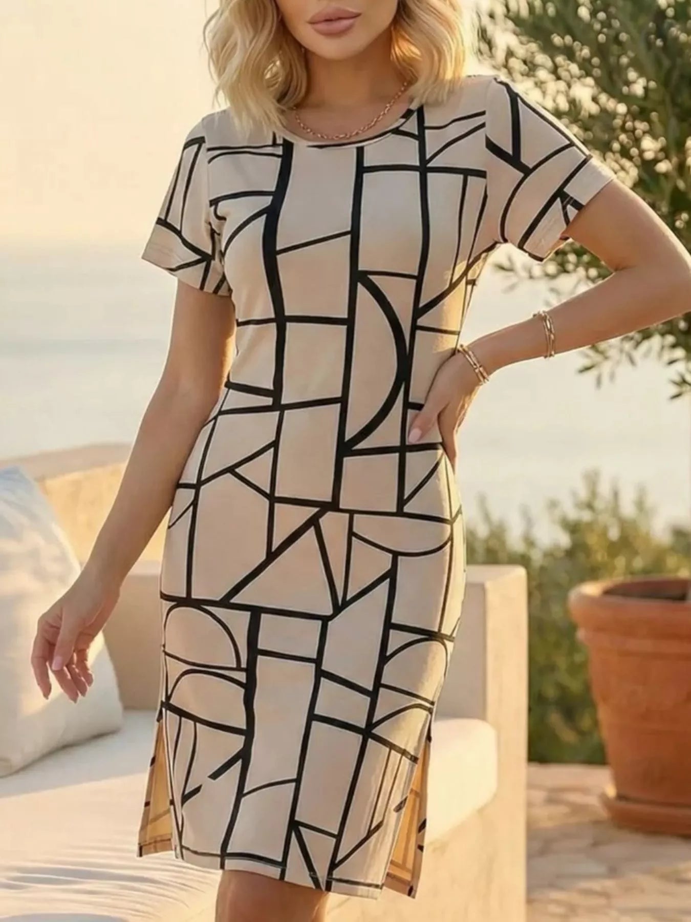 Full Size Geometric Print Midi Dress with Side Slit Plus Size
