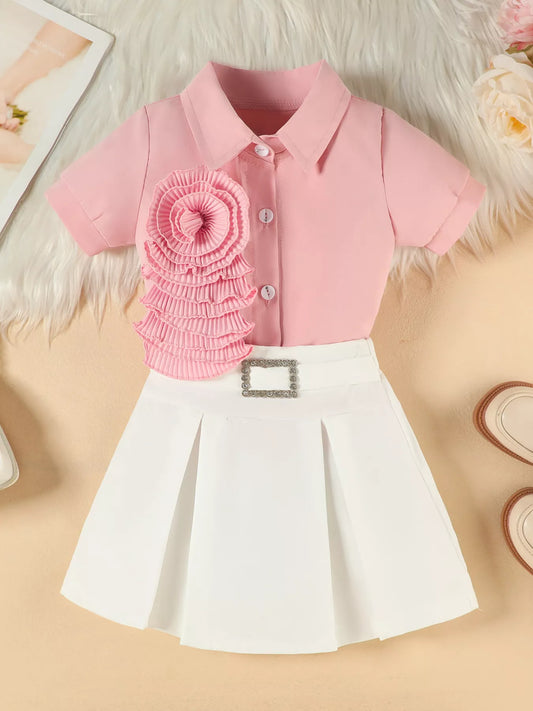 Children's Flower Decor Shirt & Pleated Skirt Set