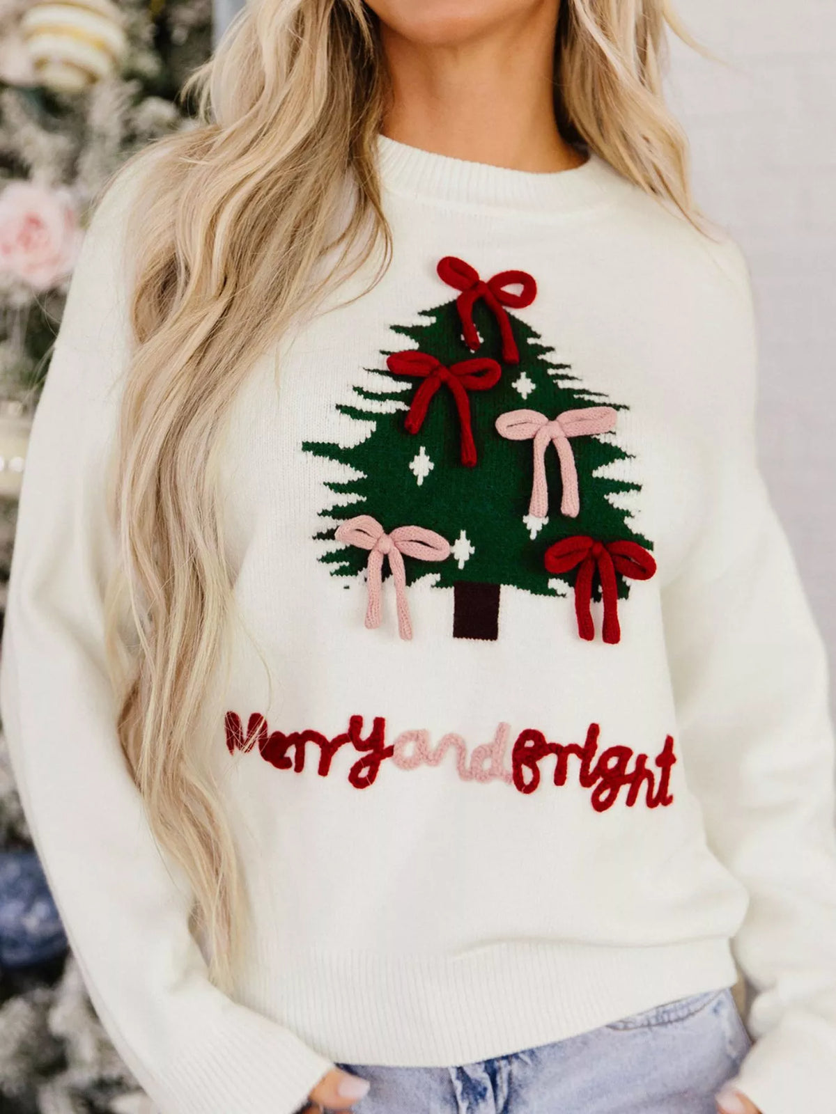 Christmas Tree Bow Drop Shoulder Knit Sweater