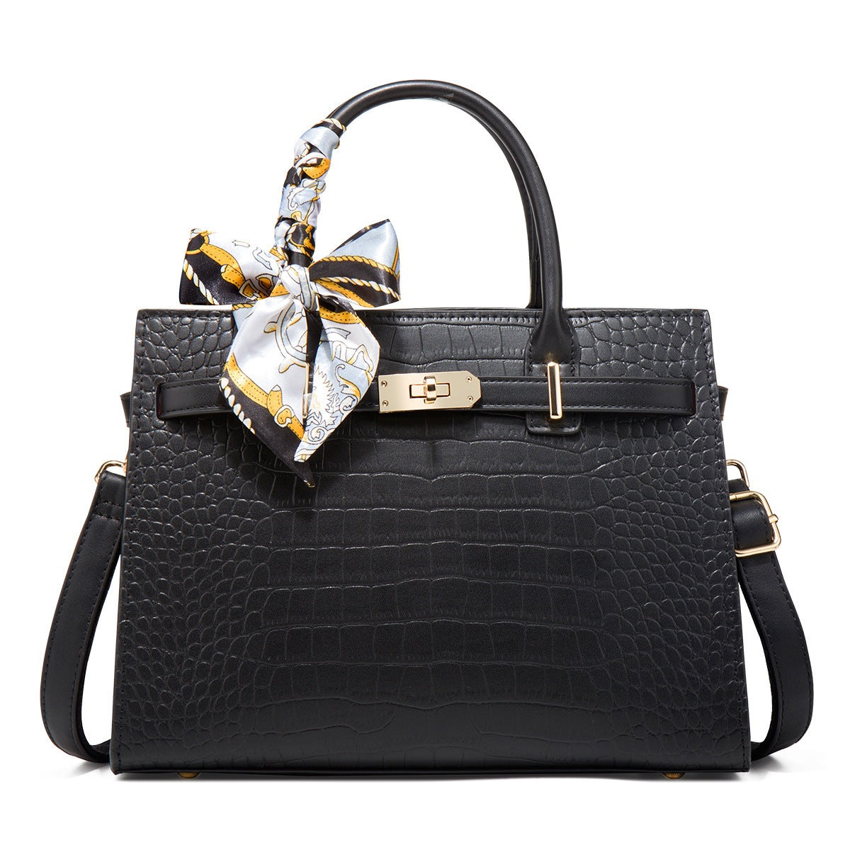 Crocodile-Embossed Leather Top Handle Handbag