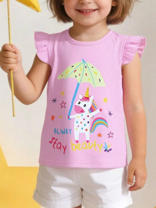 Children's Cute Unicorn Graphic Ruffle Sleeve T-Shirt