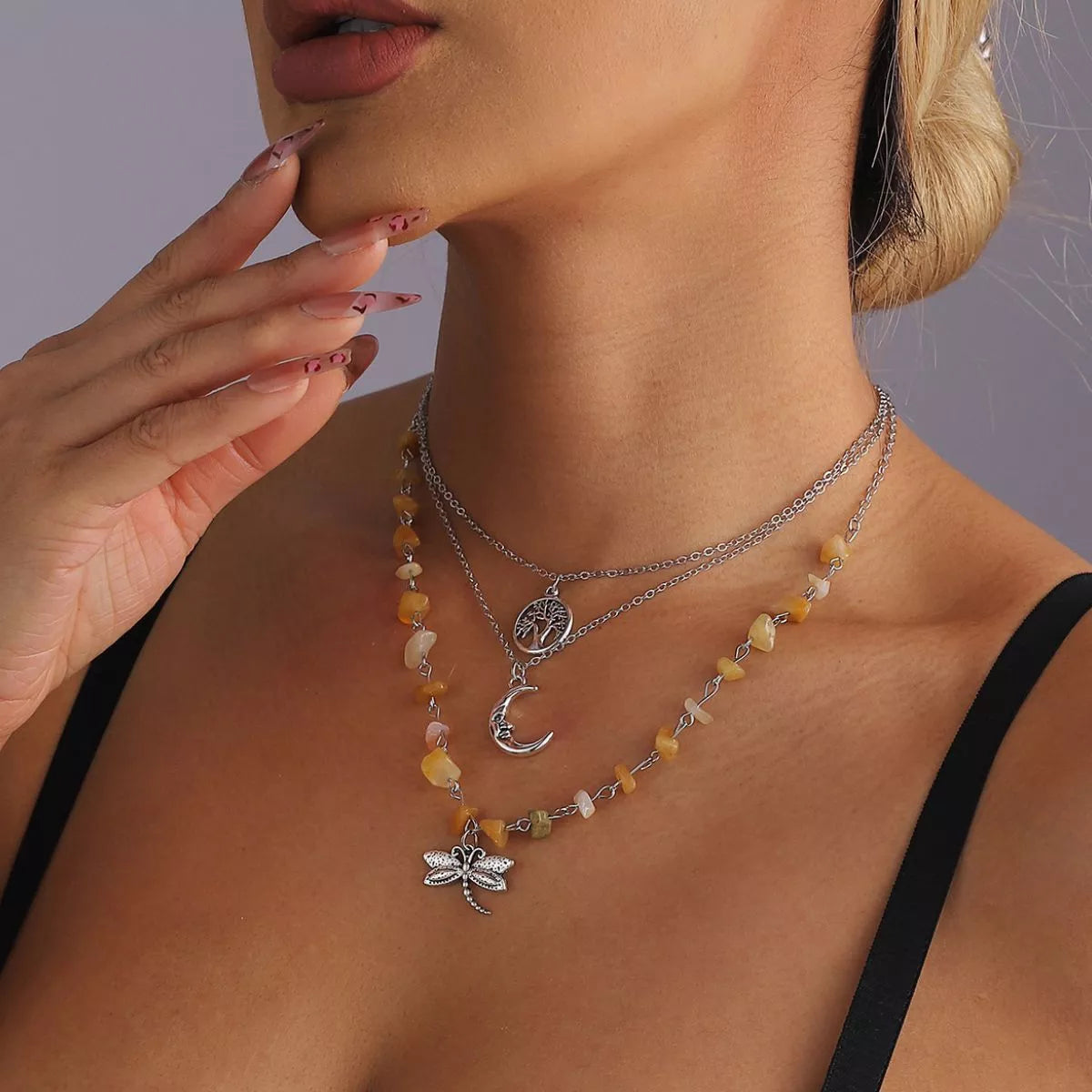 3-Piece Bohemian Layered Dragonfly Moon Tree Pendant Necklace