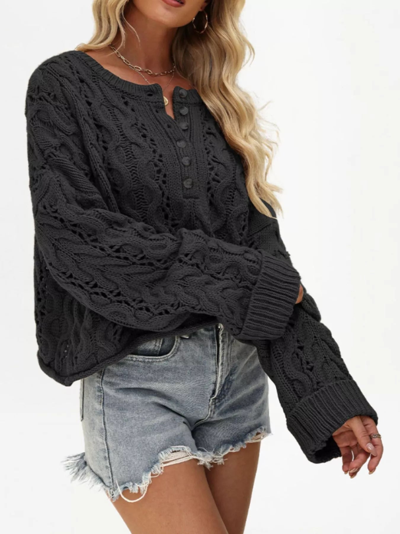 Chic Cable Knit Half-Button Openwork Sweater