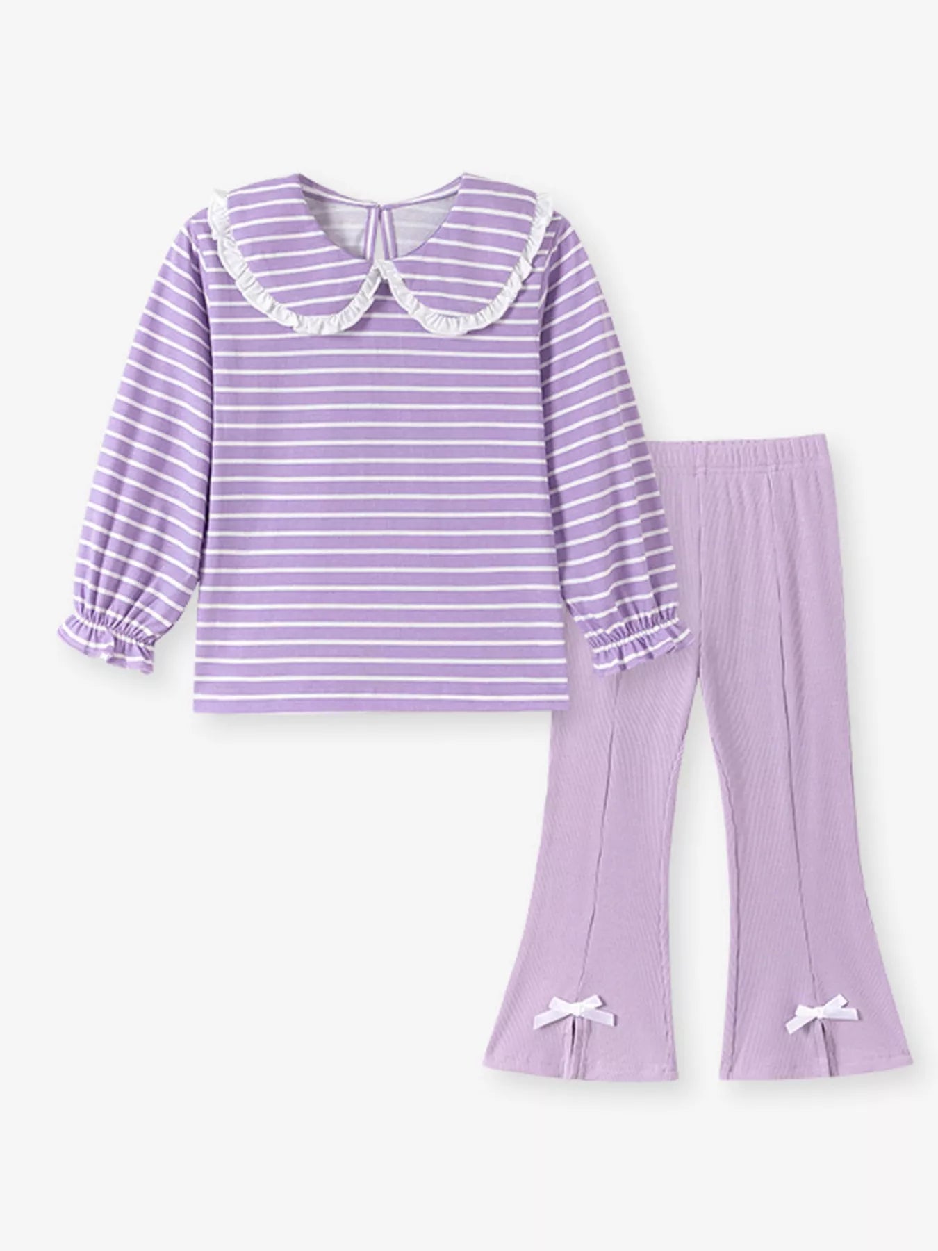 Children's Striped Ruffle Collar Top and Bow Flare Pants Set