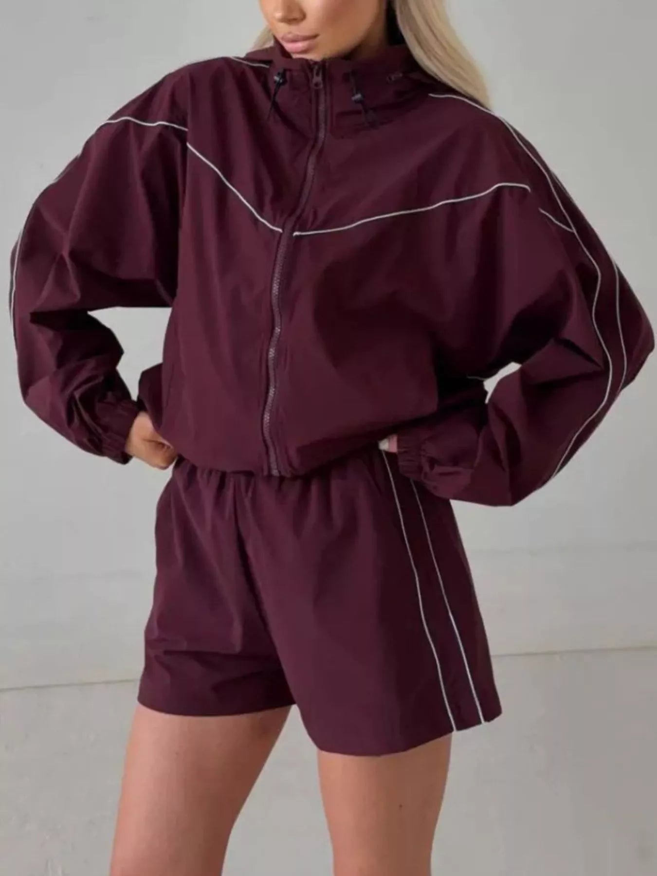 Drawstring Zip-Up Jacket and Shorts Set