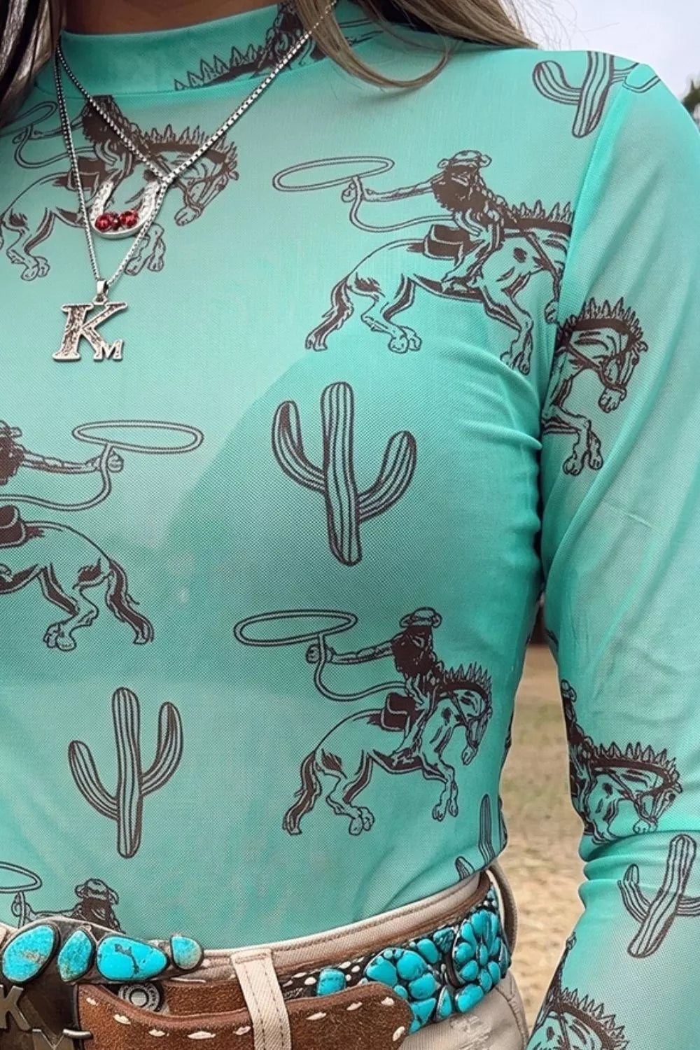 Mesh Long Sleeve T-Shirt with Cowboy and Cactus Print