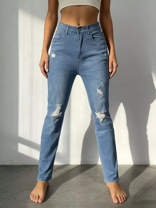 High-Waisted Distressed Jeans