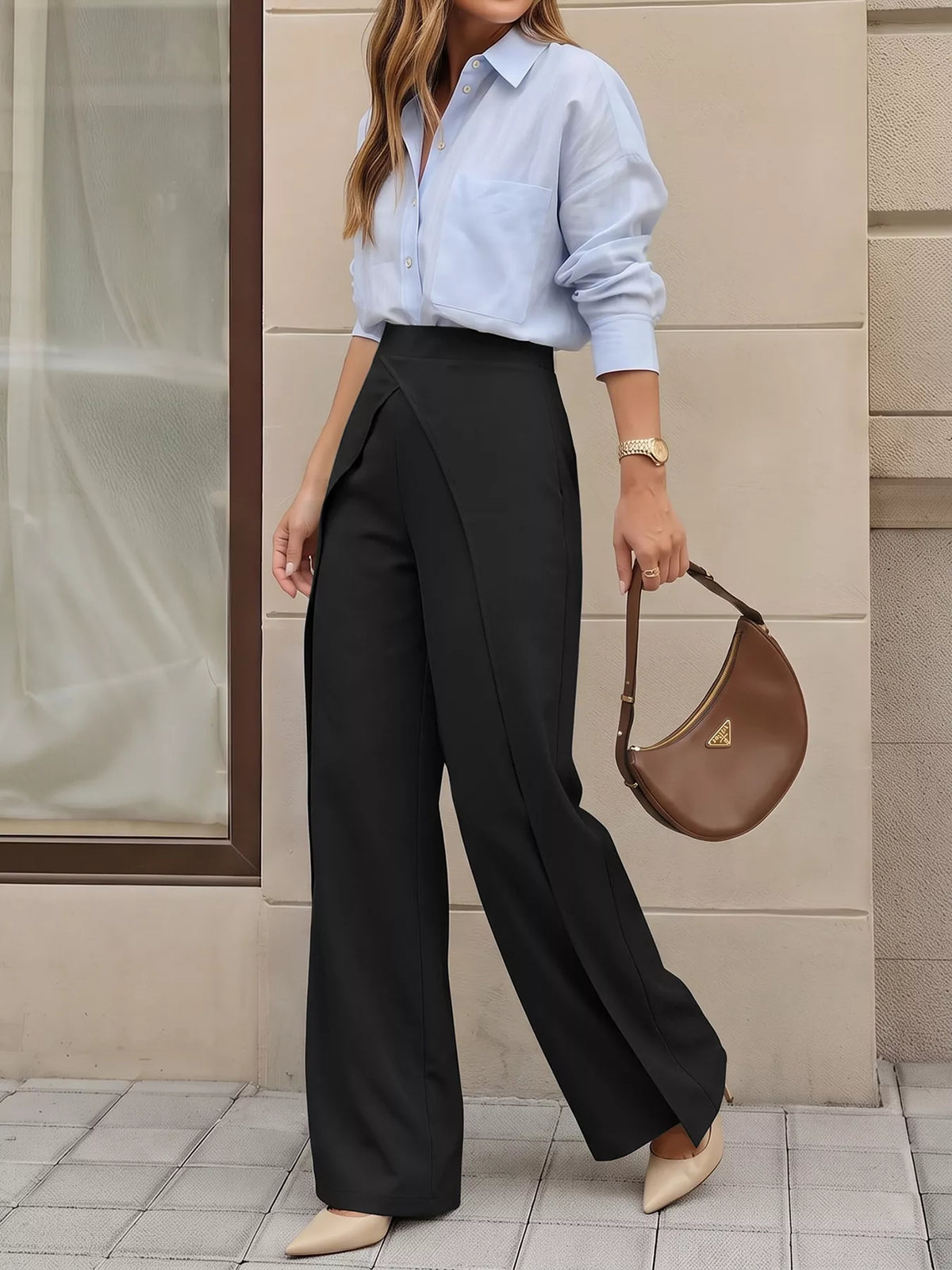 Wide-Leg Pants with Overlap Front Detail
