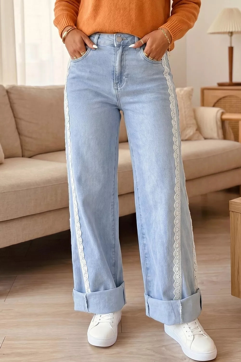 Light Wash Lace Trim Wide Leg Jeans