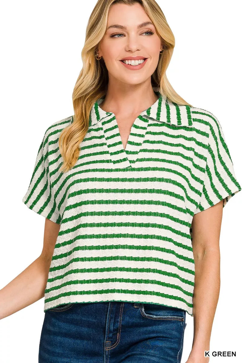 Zenana Striped Split Neck Collared Top
