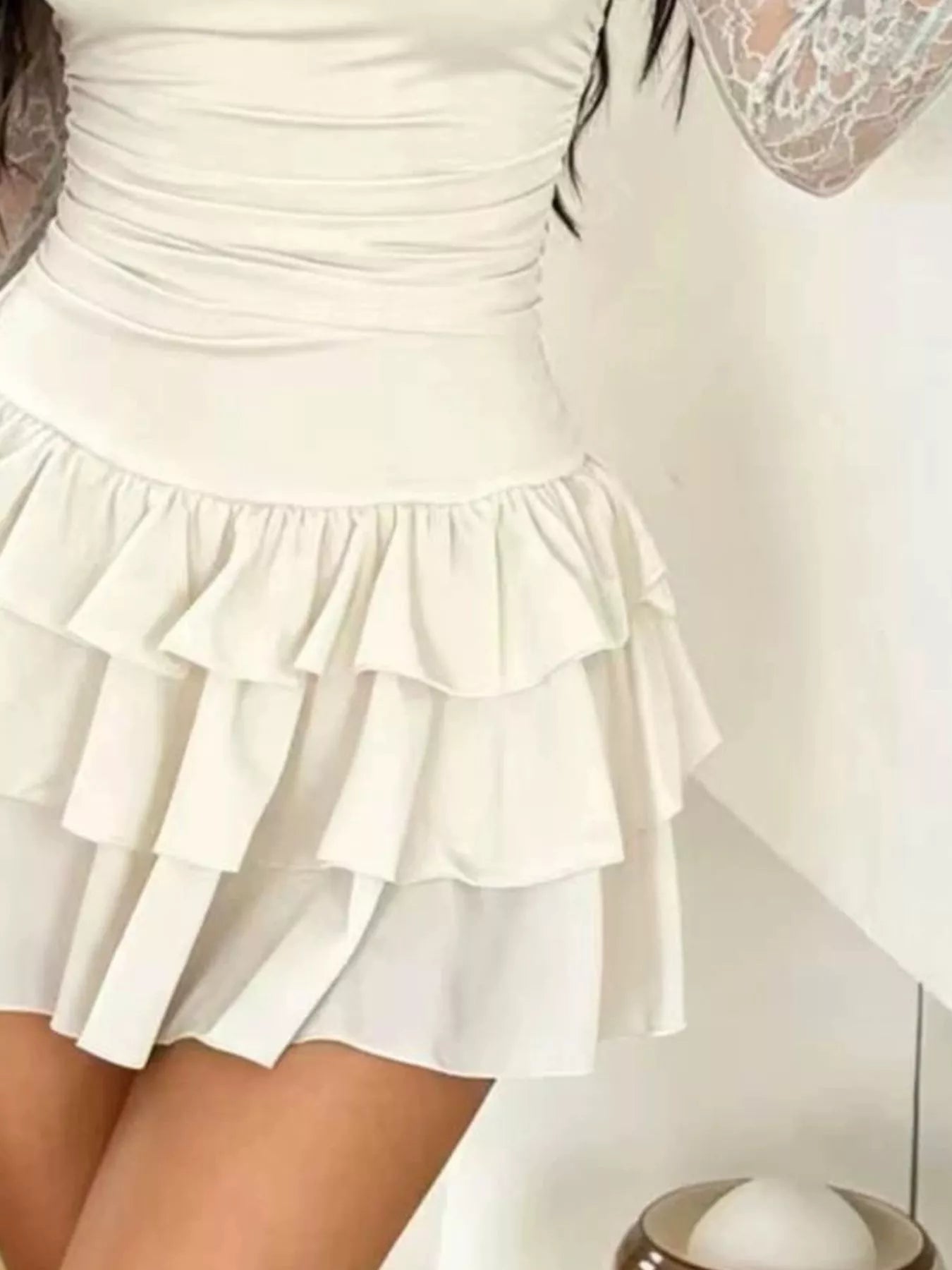 Lace Sleeve Ruffle Layered Mini Dress