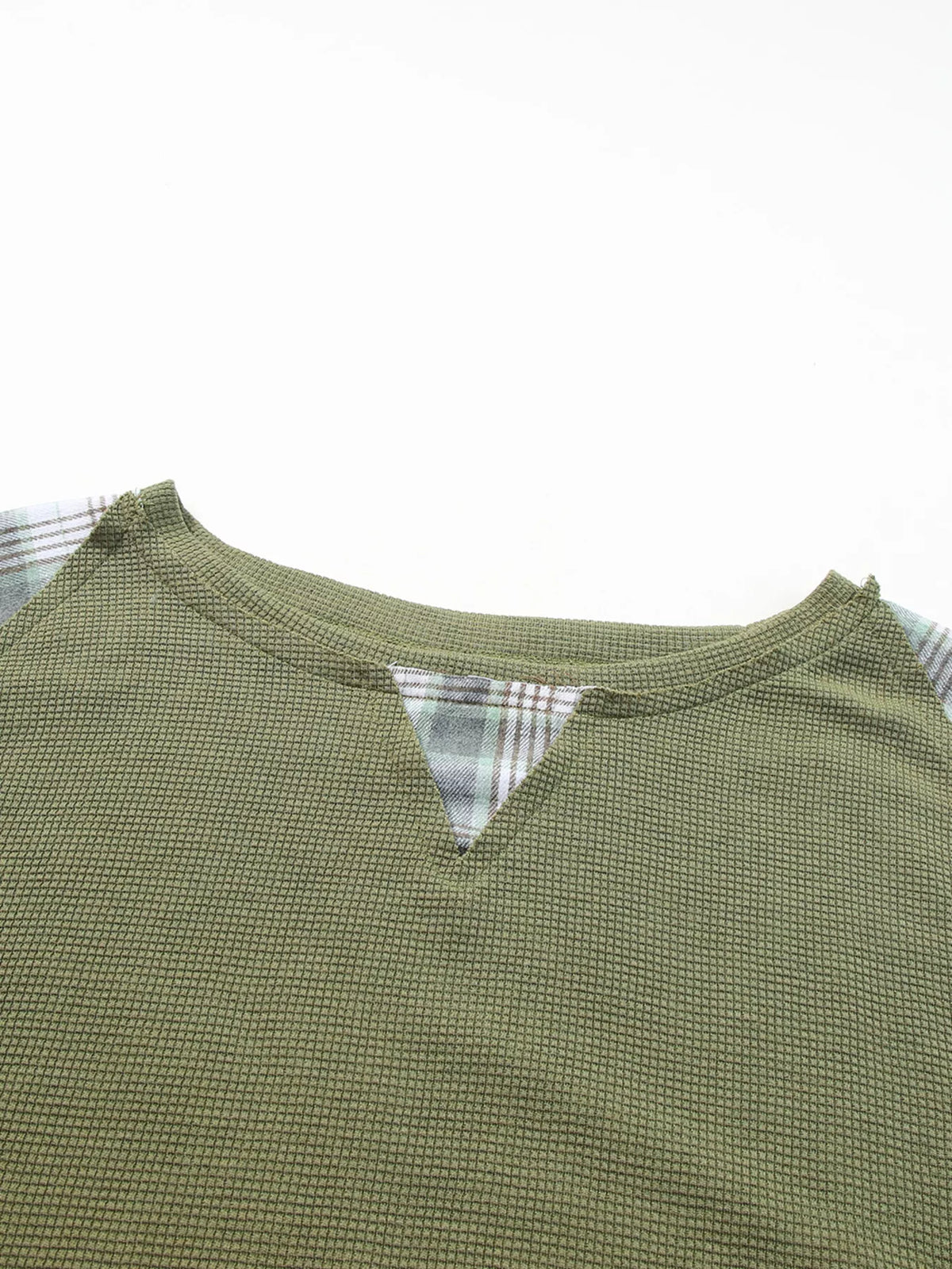 Plaid Patch Waffle Knit Exposed Seam Bubble Sleeve Top