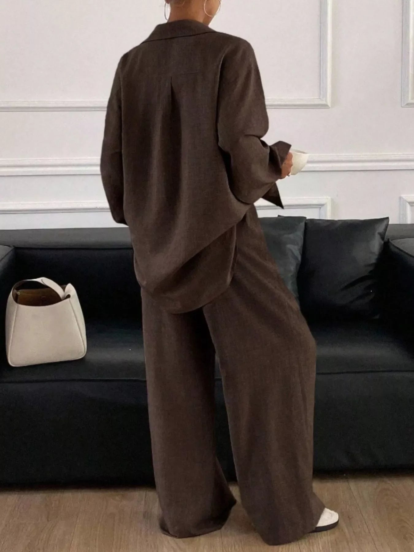 Button-Down Shirt and Wide-Leg Pants Set