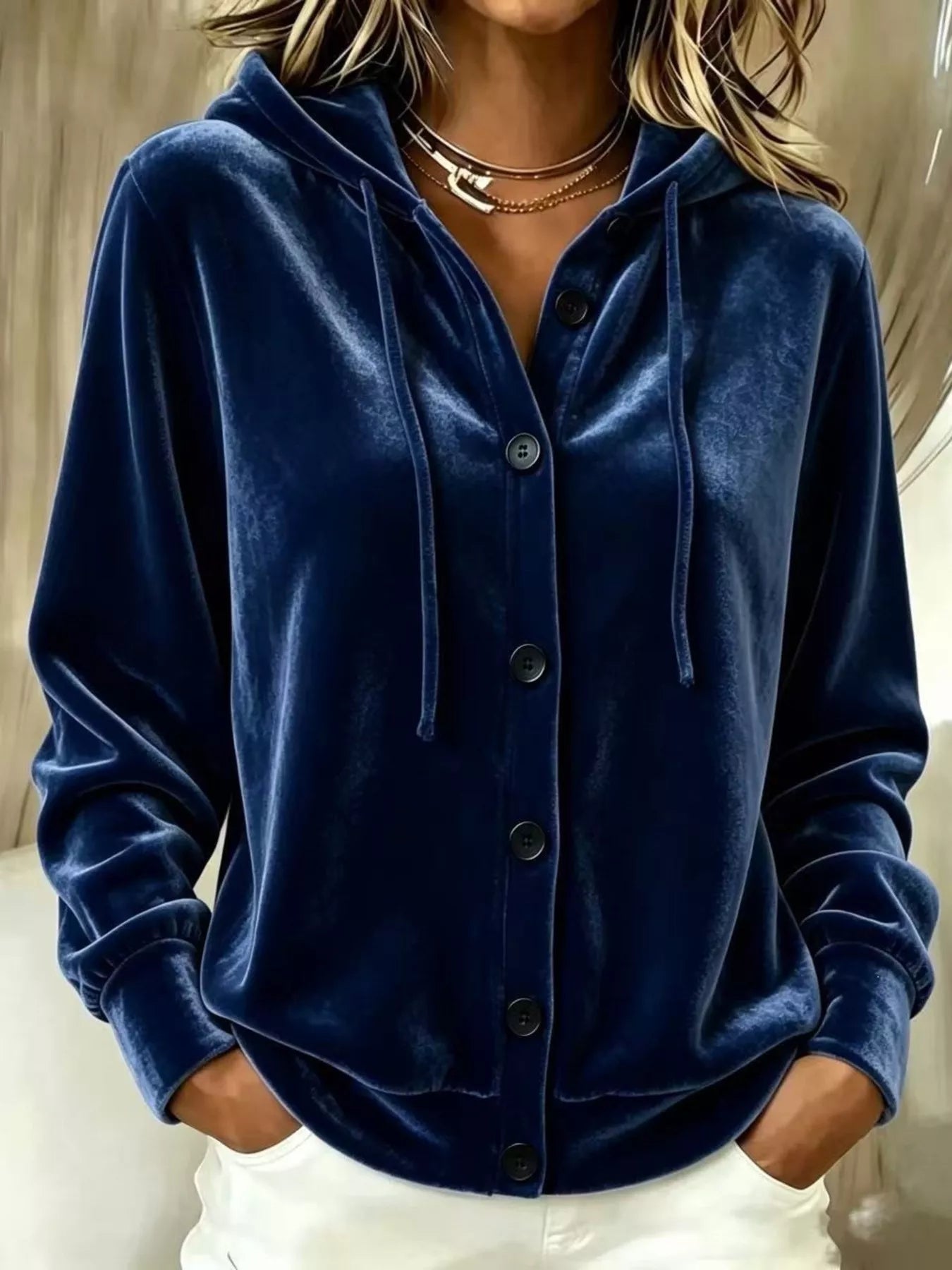 Full Size Velvet Button-Down Hooded Outerwear Plus Size