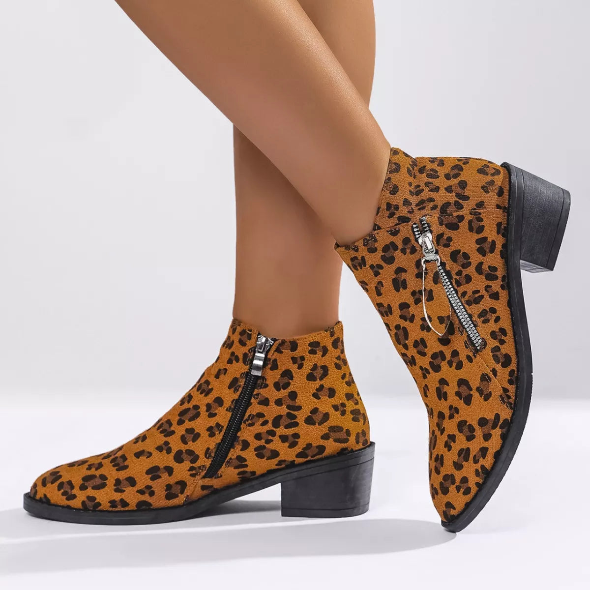 Leopard Block Heel Ankle Boots