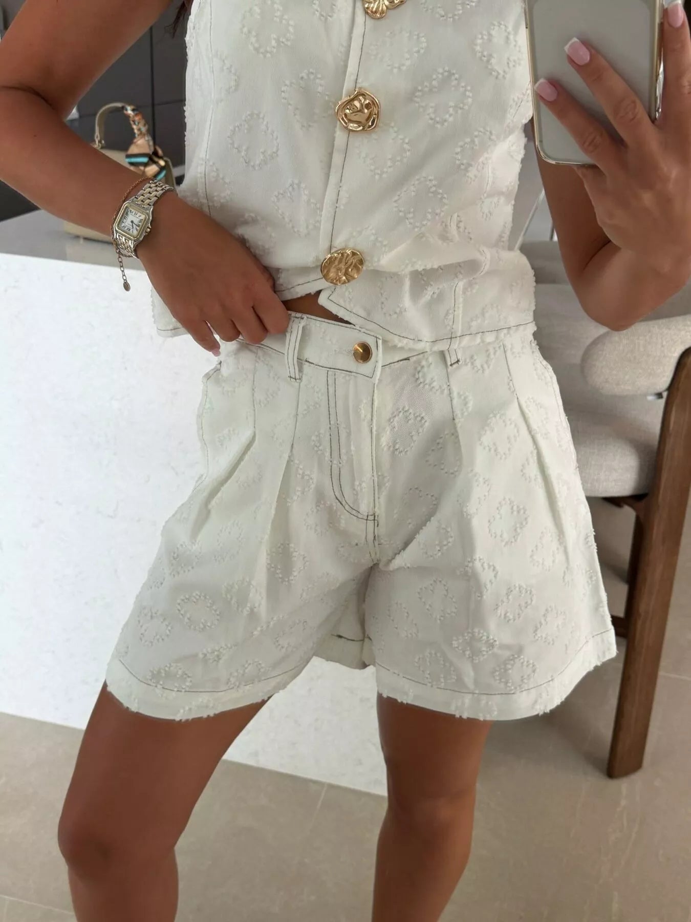 Embossed Vest and Shorts Denim Set with Gold-Tone Buttons